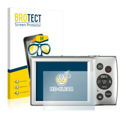 Face avant d’un emballage produit avec le logo de la marque BROTECT. À côté, l’appareil Canon Digital Ixus 185 est représenté