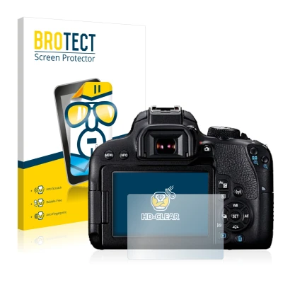 Face avant d’un emballage produit avec le logo de la marque BROTECT. À côté, l’appareil Canon EOS 800D est représenté avec la