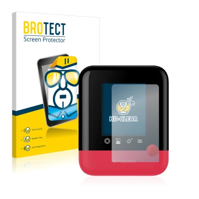 Face avant d’un emballage produit avec le logo de la marque BROTECT. À côté, l’appareil Polaroid Pop est représenté avec la pr