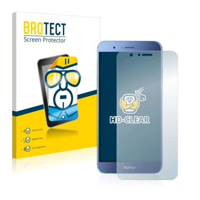 Face avant d’un emballage produit avec le logo de la marque BROTECT. À côté, l’appareil Honor 8 Pro est représenté avec la pro