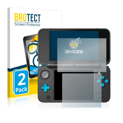 Face avant d’un emballage produit avec le logo de la marque BROTECT. À côté, l’appareil Nintendo 2DS XL est représenté avec la