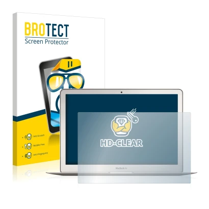 Face avant d’un emballage produit avec le logo de la marque BROTECT. À côté, l’appareil Apple MacBook Air 13" (Début 2015) est