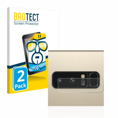 Face avant d’un emballage produit avec le logo de la marque BROTECT. À côté, l’appareil Samsung Galaxy Note 8 (Caméra UNIQUEME