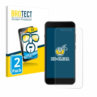 Face avant d’un emballage produit avec le logo de la marque BROTECT. À côté, l’appareil Xiaomi Mi A1 est représenté avec la pr