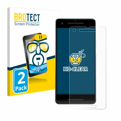 Face avant d’un emballage produit avec le logo de la marque BROTECT. À côté, l’appareil Google Pixel 2 est représenté avec la