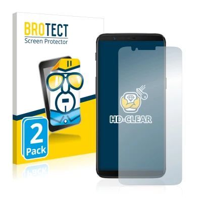 Face avant d’un emballage produit avec le logo de la marque BROTECT. À côté, l’appareil OnePlus 5T est représenté avec la prot