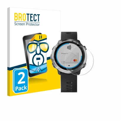 Face avant d’un emballage produit avec le logo de la marque BROTECT. À côté, l’appareil Garmin Forerunner 645 est représenté a