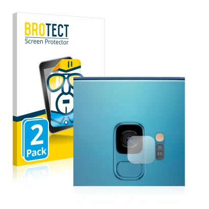 Face avant d’un emballage produit avec le logo de la marque BROTECT. À côté, l’appareil Samsung Galaxy S9 (Caméra UNIQUEMENT) 