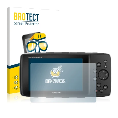 Face avant d’un emballage produit avec le logo de la marque BROTECT. À côté, l’appareil Garmin GPSMAP 276Cx est représenté ave