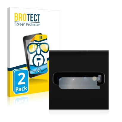 Face avant d’un emballage produit avec le logo de la marque BROTECT. À côté, l’appareil Samsung Galaxy S10 (Caméra UNIQUEMENT)