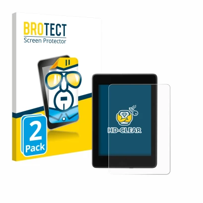 Face avant d’un emballage produit avec le logo de la marque BROTECT. À côté, l’appareil Amazon Kindle Paperwhite 2018 (10ème G