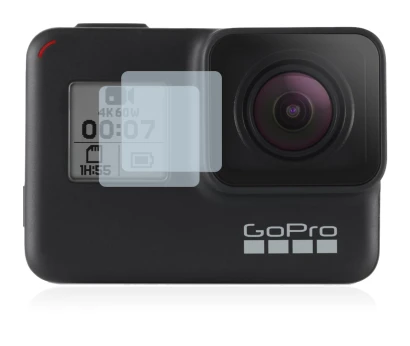 Image de l'appareil GoPro Hero 7 Black (Affichage avant) avec une grande variété de protections d'écran.