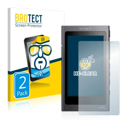Face avant d’un emballage produit avec le logo de la marque BROTECT. À côté, l’appareil Sony Walkman A40 est représenté avec l
