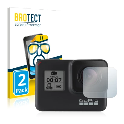 Face avant d’un emballage produit avec le logo de la marque BROTECT. À côté, l’appareil GoPro Hero 7 Black (Lentille) est repr