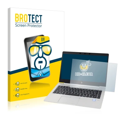 Face avant d’un emballage produit avec le logo de la marque BROTECT. À côté, l’appareil HP EliteBook 830 G5 Non-Touch est repr