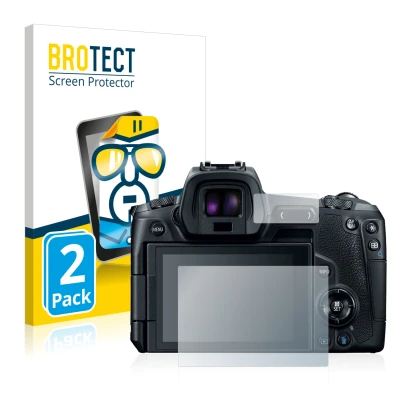 Face avant d’un emballage produit avec le logo de la marque BROTECT. À côté, l’appareil Canon EOS R est représenté avec la pro