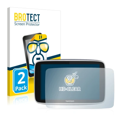 Face avant d’un emballage produit avec le logo de la marque BROTECT. À côté, l’appareil TomTom GO Premium (5") est représenté