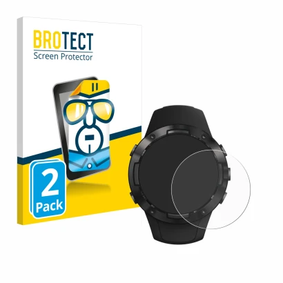 Face avant d’un emballage produit avec le logo de la marque BROTECT. À côté, l’appareil Suunto 5 est représenté avec la protec