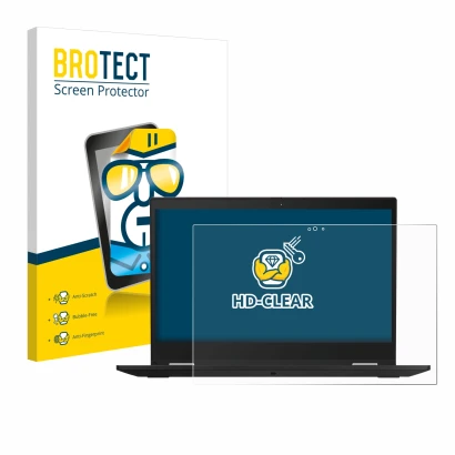 Face avant d’un emballage produit avec le logo de la marque BROTECT. À côté, l’appareil Lenovo ThinkPad X390 Yoga est représen