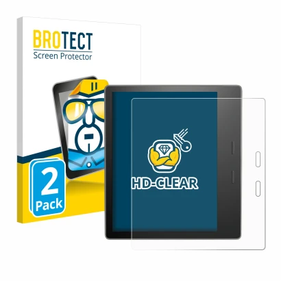 Face avant d’un emballage produit avec le logo de la marque BROTECT. À côté, l’appareil Amazon Kindle Oasis 2019 (10ème Gen.) 