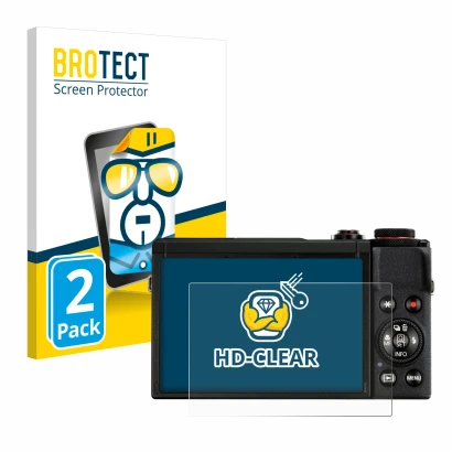 Face avant d’un emballage produit avec le logo de la marque BROTECT. À côté, l’appareil Canon PowerShot G7 X Mark III est repr