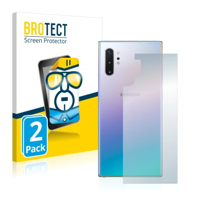 Face avant d’un emballage produit avec le logo de la marque BROTECT. À côté, l’appareil Samsung Galaxy Note 10 Plus (Arrière) 