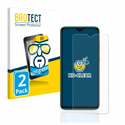 Face avant d’un emballage produit avec le logo de la marque BROTECT. À côté, l’appareil Xiaomi Redmi Note 8 Pro est représenté