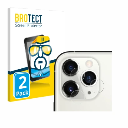 Face avant d’un emballage produit avec le logo de la marque BROTECT. À côté, l’appareil Apple iPhone 11 Pro (Caméra UNIQUEMENT