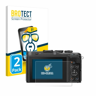 Face avant d’un emballage produit avec le logo de la marque BROTECT. À côté, l’appareil Olympus PEN E-PL10 est représenté avec