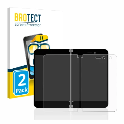 Face avant d’un emballage produit avec le logo de la marque BROTECT. À côté, l’appareil Microsoft Surface Duo est représenté a