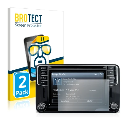 Face avant d’un emballage produit avec le logo de la marque BROTECT. À côté, l’appareil Volkswagen Caddy 2015 Discover Media 6