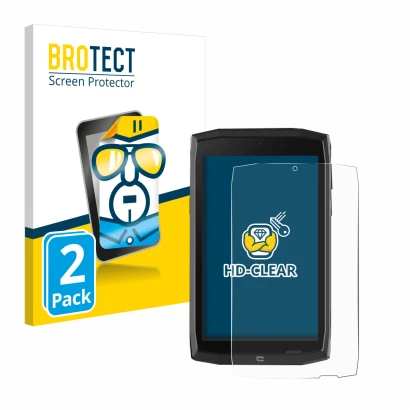 Face avant d’un emballage produit avec le logo de la marque BROTECT. À côté, l’appareil Crosscall Core T4 est représenté avec 