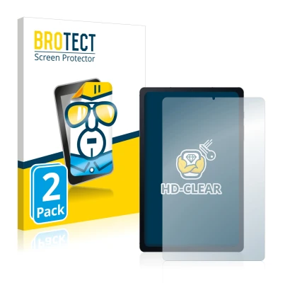 Face avant d’un emballage produit avec le logo de la marque BROTECT. À côté, l’appareil Samsung Galaxy Tab S6 Lite 2020 est re