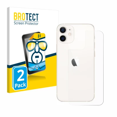 Face avant d’un emballage produit avec le logo de la marque BROTECT. À côté, l’appareil Apple iPhone 12 mini (Arrière) est rep