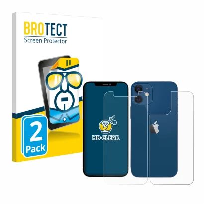 Face avant d’un emballage produit avec le logo de la marque BROTECT. À côté, l’appareil Apple iPhone 12 mini (Avant+Arrière) e