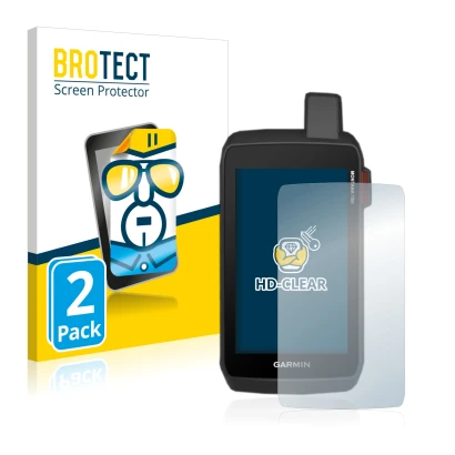 Face avant d’un emballage produit avec le logo de la marque BROTECT. À côté, l’appareil Garmin Montana 750i est représenté ave