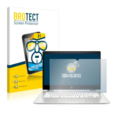 Face avant d’un emballage produit avec le logo de la marque BROTECT. À côté, l’appareil HP Chromebook x360 (14b-caX) est repré