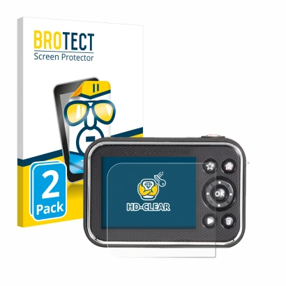 Face avant d’un emballage produit avec le logo de la marque BROTECT. À côté, l’appareil Vtech Kidizoom Video Studio HD est rep