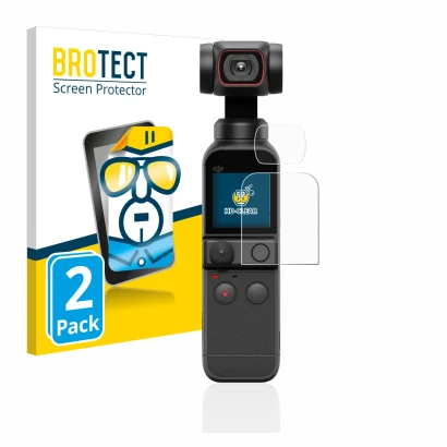 Face avant d’un emballage produit avec le logo de la marque BROTECT. À côté, l’appareil DJI Osmo Pocket 2 (Affichage + Lentill