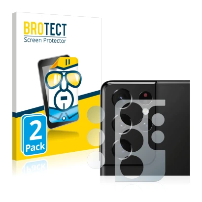 Face avant d’un emballage produit avec le logo de la marque BROTECT. À côté, l’appareil Samsung Galaxy S21 Ultra 5G (Caméra UN