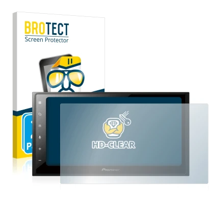 Face avant d’un emballage produit avec le logo de la marque BROTECT. À côté, l’appareil Pioneer SPH-DA250DAB est représenté av