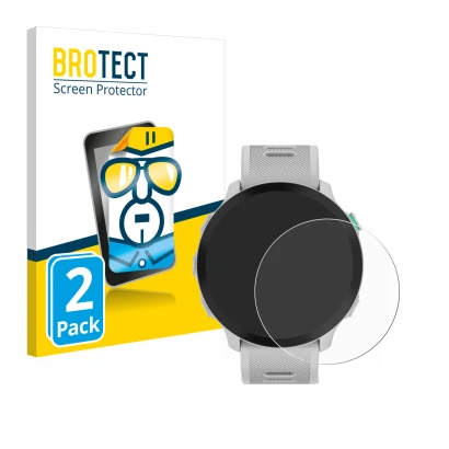 Face avant d’un emballage produit avec le logo de la marque BROTECT. À côté, l’appareil Garmin Forerunner 55 est représenté av