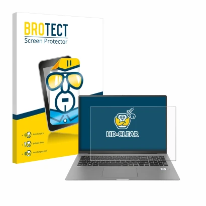 Face avant d’un emballage produit avec le logo de la marque BROTECT. À côté, l’appareil LG gram 17'' 2021 est représenté avec 