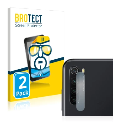 Face avant d’un emballage produit avec le logo de la marque BROTECT. À côté, l’appareil Xiaomi Redmi Note 8 2021 (Caméra UNIQU