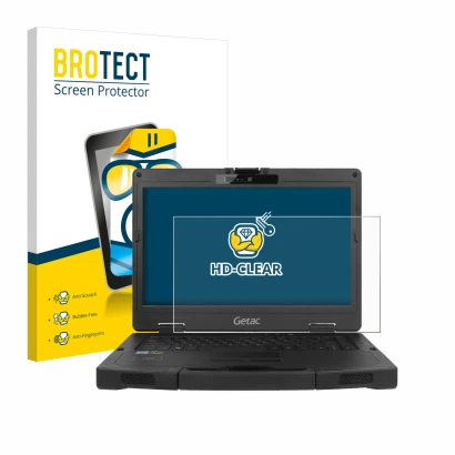 Face avant d’un emballage produit avec le logo de la marque BROTECT. À côté, l’appareil Getac S410 est représenté avec la prot