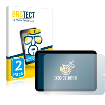 Face avant d’un emballage produit avec le logo de la marque BROTECT. À côté, l’appareil Apple iPad Mini 6 2021 (en paysage, 6e