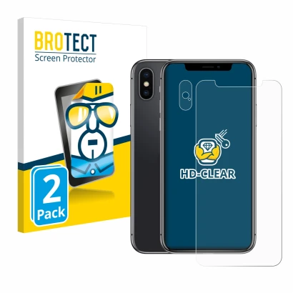 Face avant d’un emballage produit avec le logo de la marque BROTECT. À côté, l’appareil Apple iPhone X (Avant+Caméra) est repr
