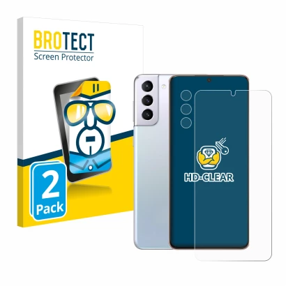 Face avant d’un emballage produit avec le logo de la marque BROTECT. À côté, l’appareil Samsung Galaxy S21 Plus 5G (Avant+Camé