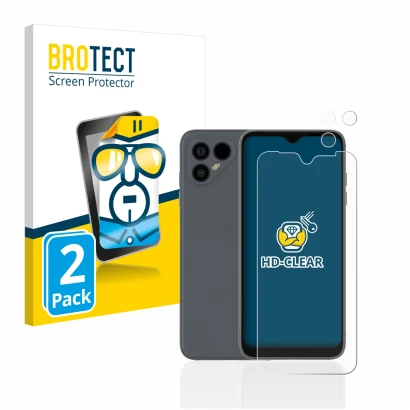 Face avant d’un emballage produit avec le logo de la marque BROTECT. À côté, l’appareil Fairphone 4 (Avant+Caméra) est représe