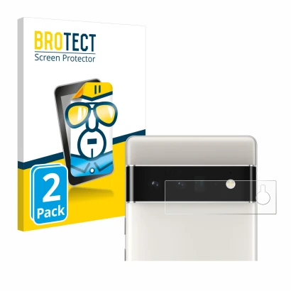 Face avant d’un emballage produit avec le logo de la marque BROTECT. À côté, l’appareil Google Pixel 6 Pro (Caméra UNIQUEMENT)